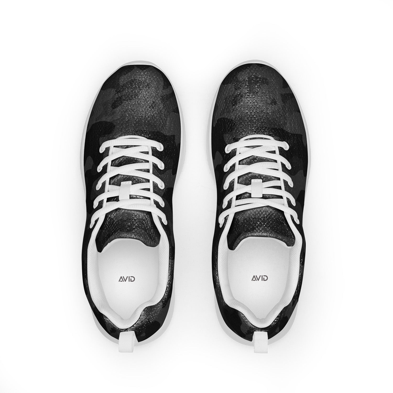 stealth white shoes with 'AVID' branding on a white background