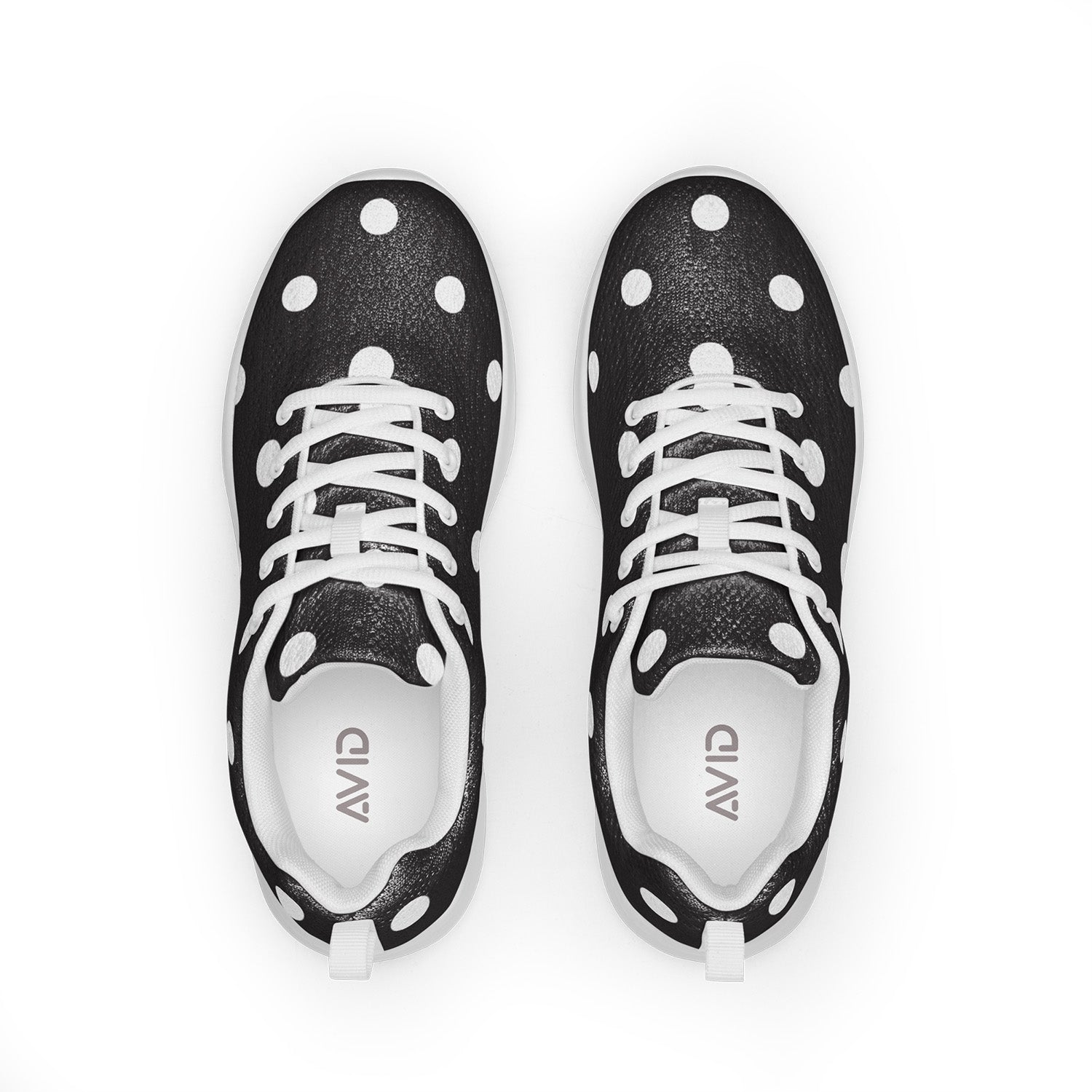 Black and white polka dot shoes with 'AVID' branding on a white background