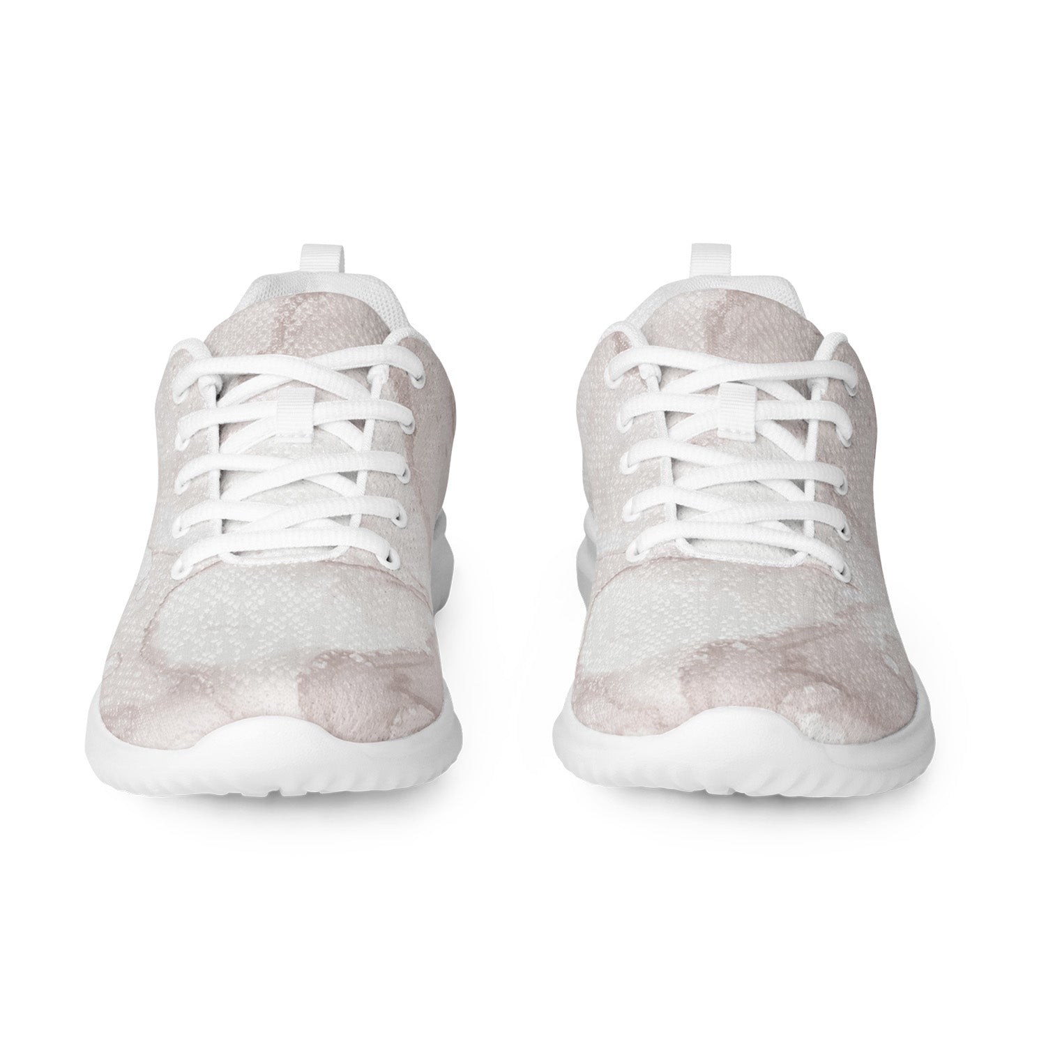 Pair of white marble pattern sneakers with white laces on a white background
