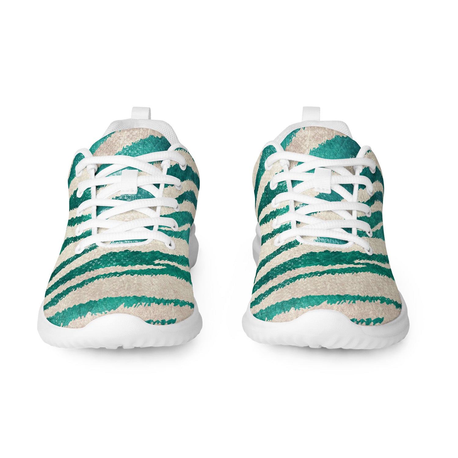 Pair of green and beige striped sneakers on a white background