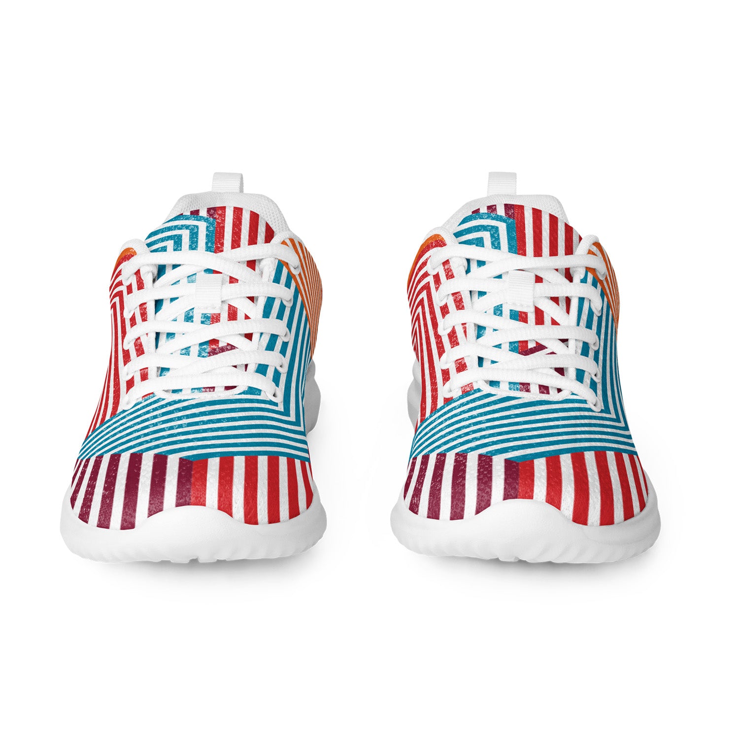 Pair of sneakers with a colorful striped pattern on a white background
