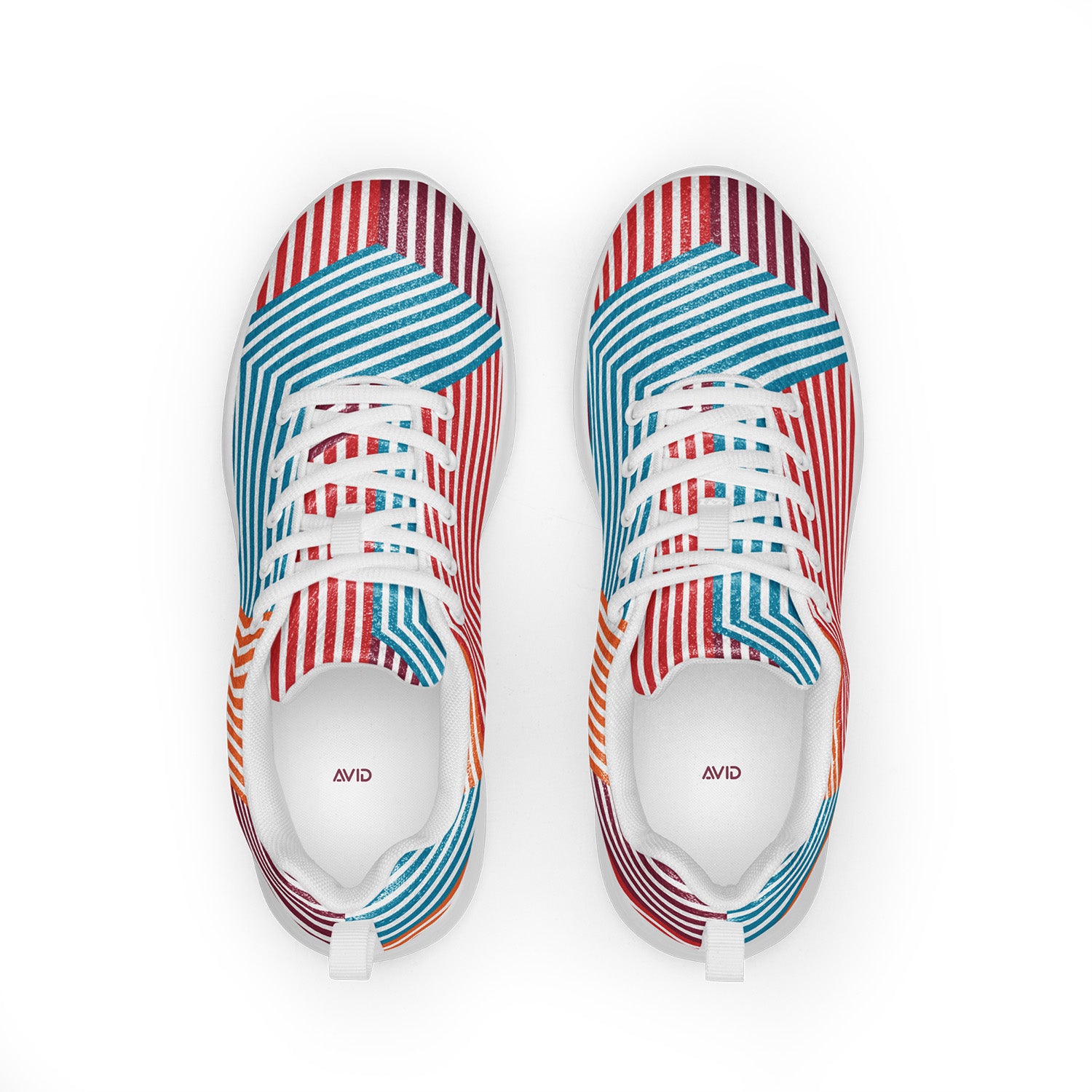 Pair of sneakers with red, white, and blue striped pattern on a white background