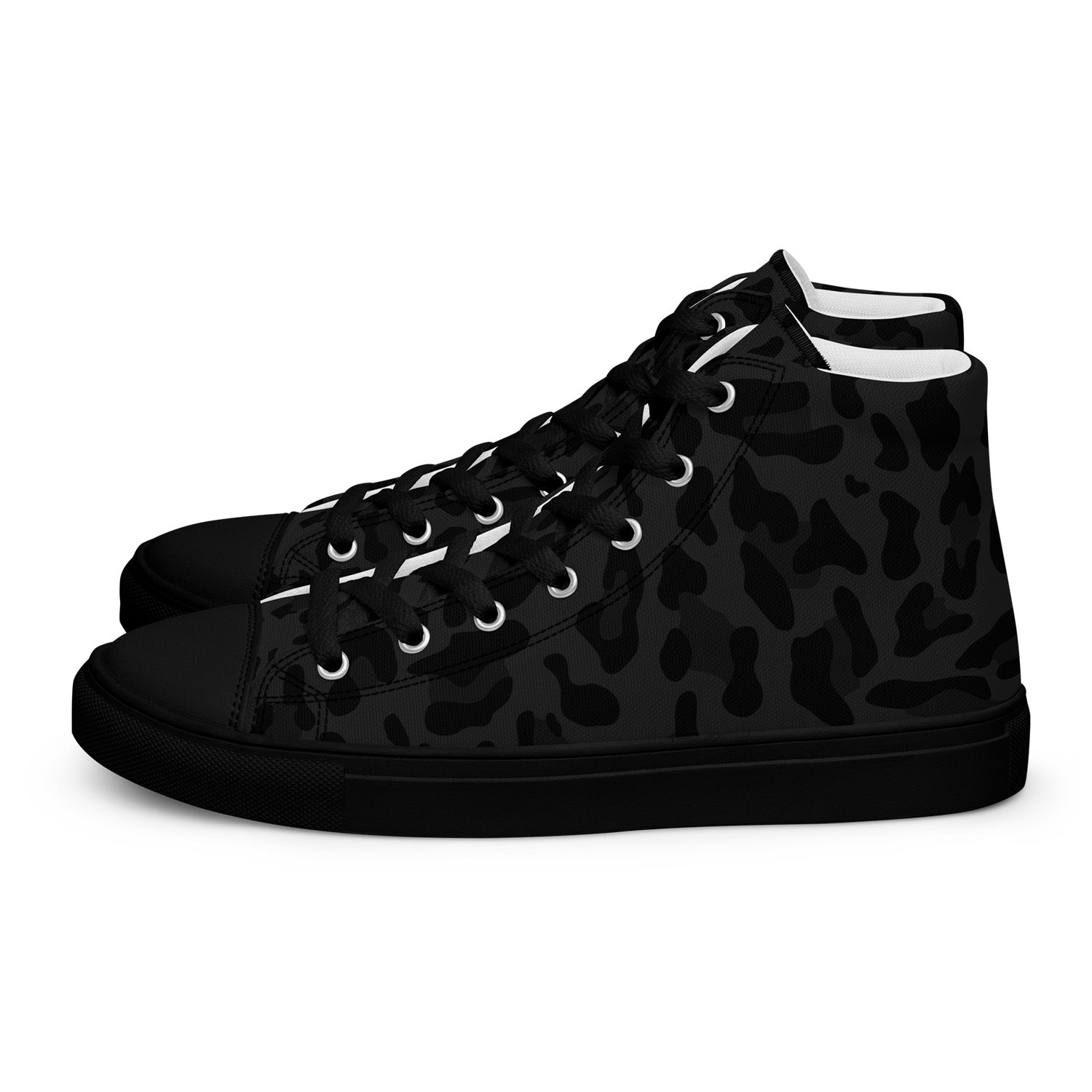 Black high-top sneakers with a leopard print pattern on a white background