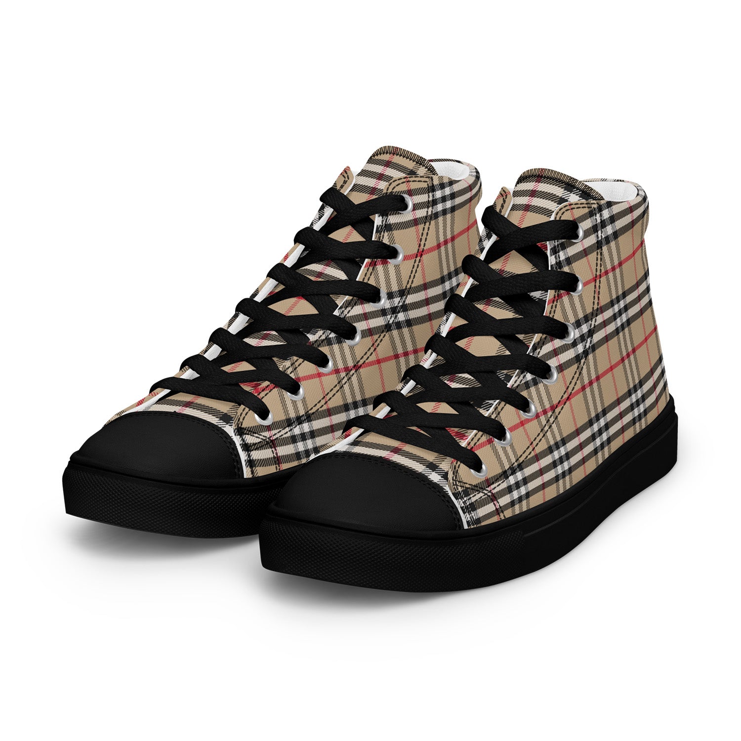 Plaid high-top sneakers with black accents on a white background