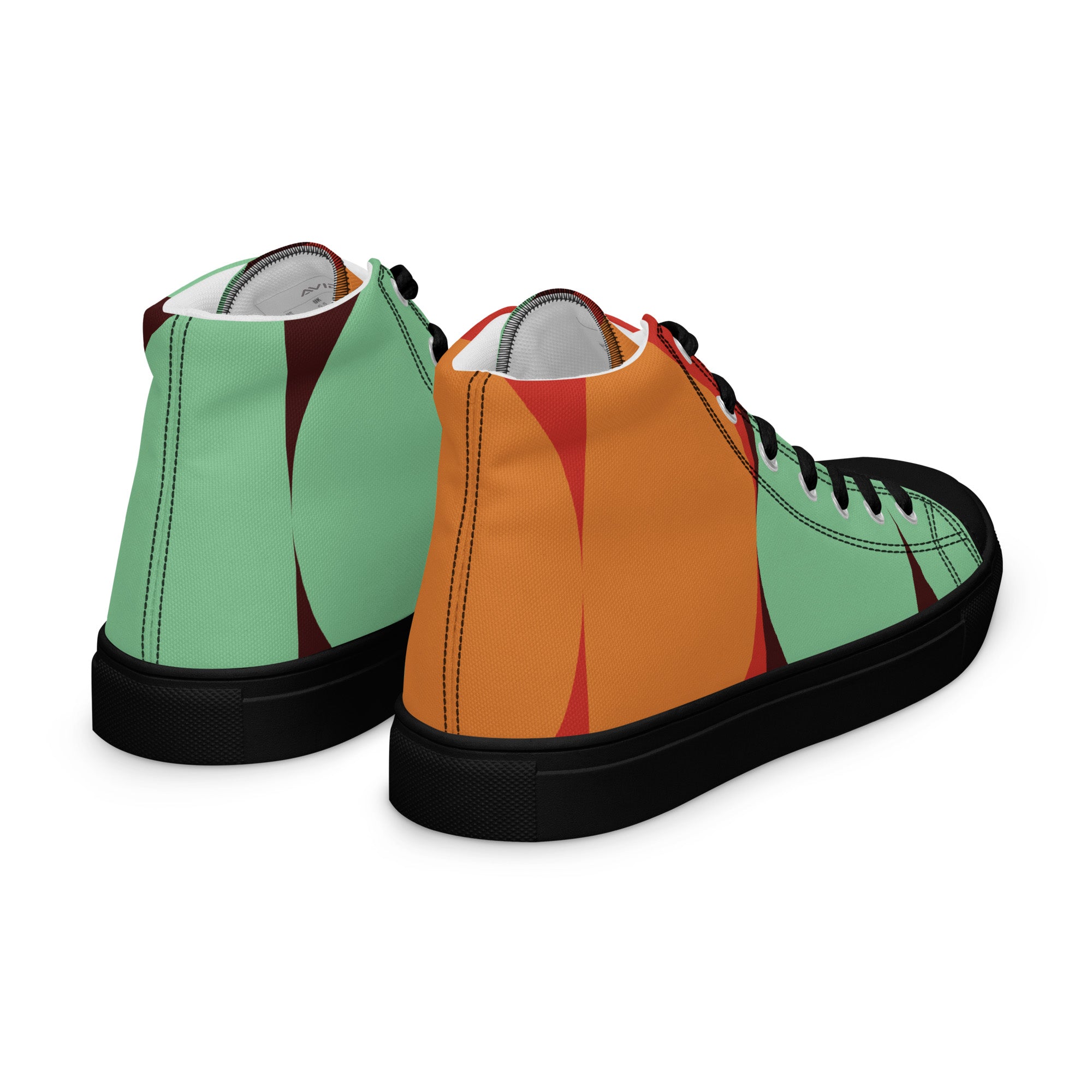 Colorful high-top sneakers with a geometric pattern on a white background