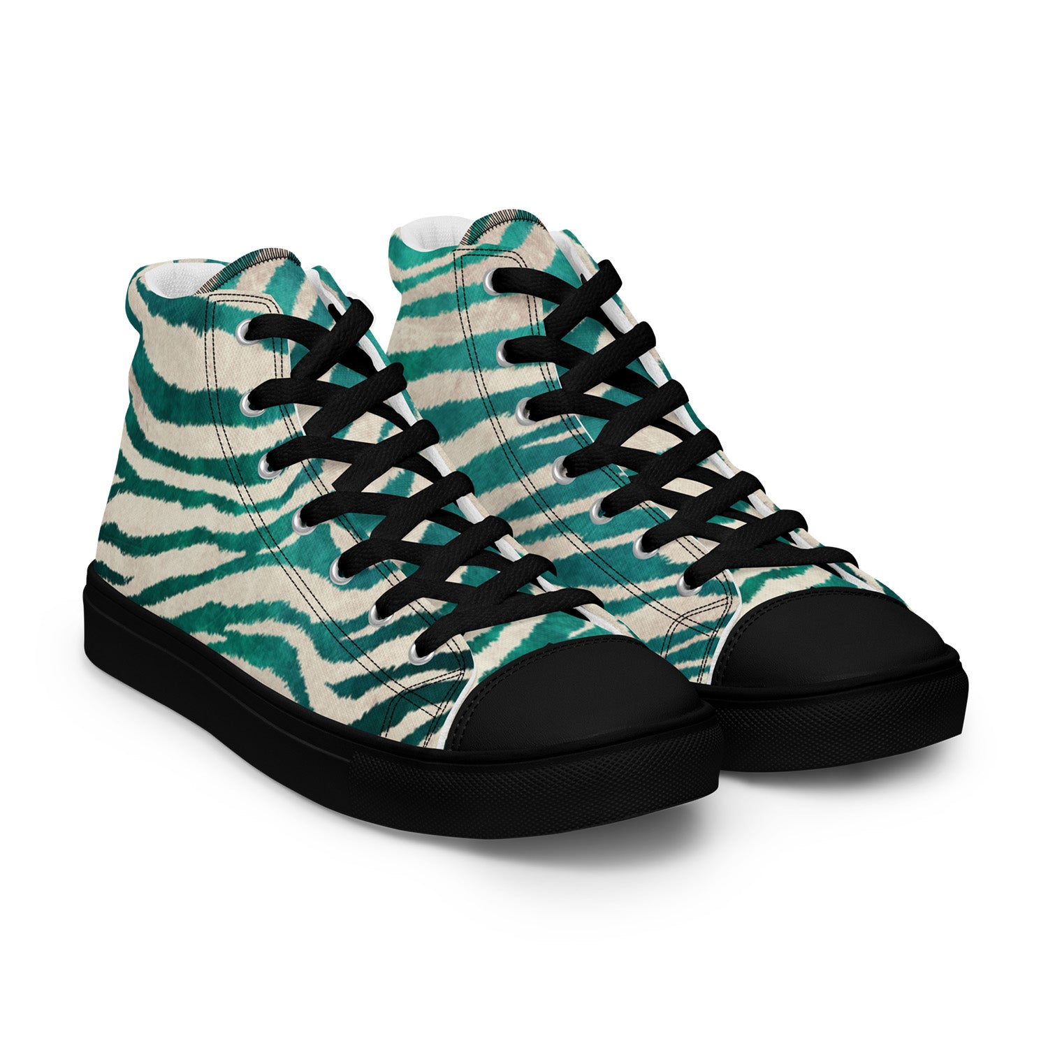 High-top sneakers with green and white zebra pattern on a white background