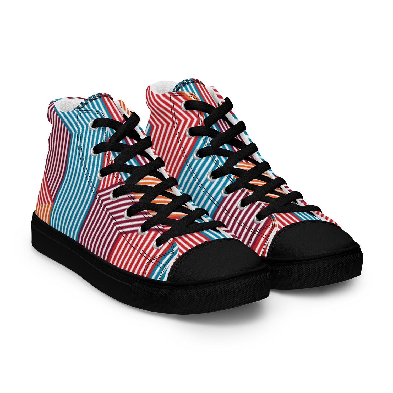 Colorful striped high-top sneakers with black soles on a white background