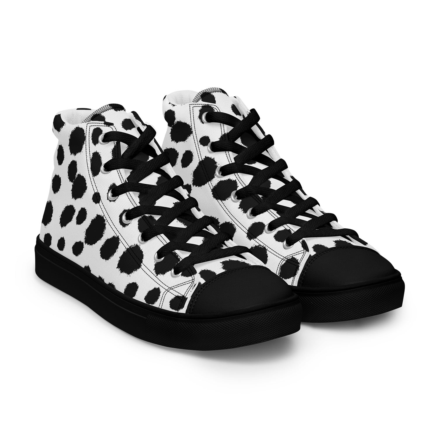 Black and white polka dot high-top sneakers on a white background