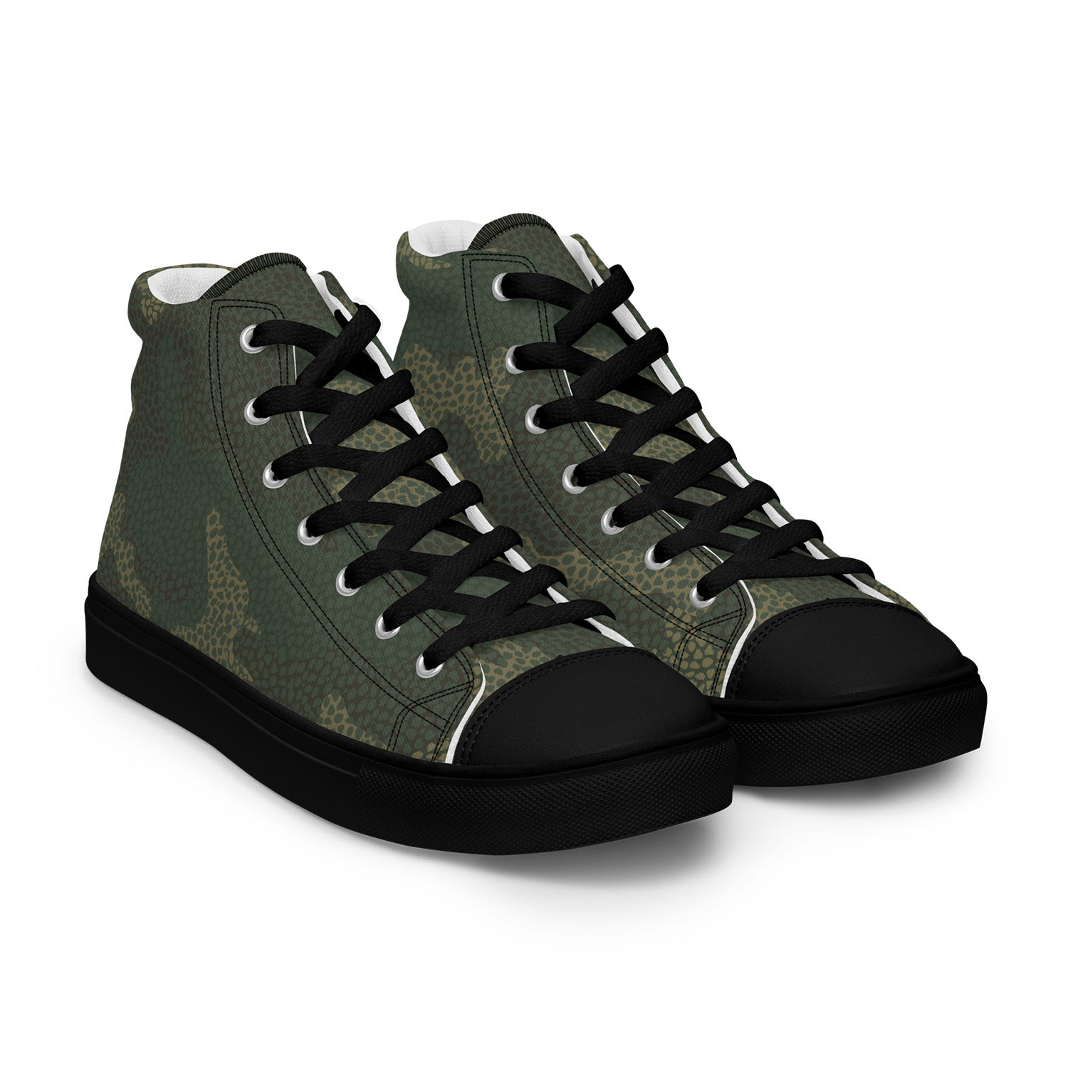 Camo Green high-top sneakers with black soles on a white background