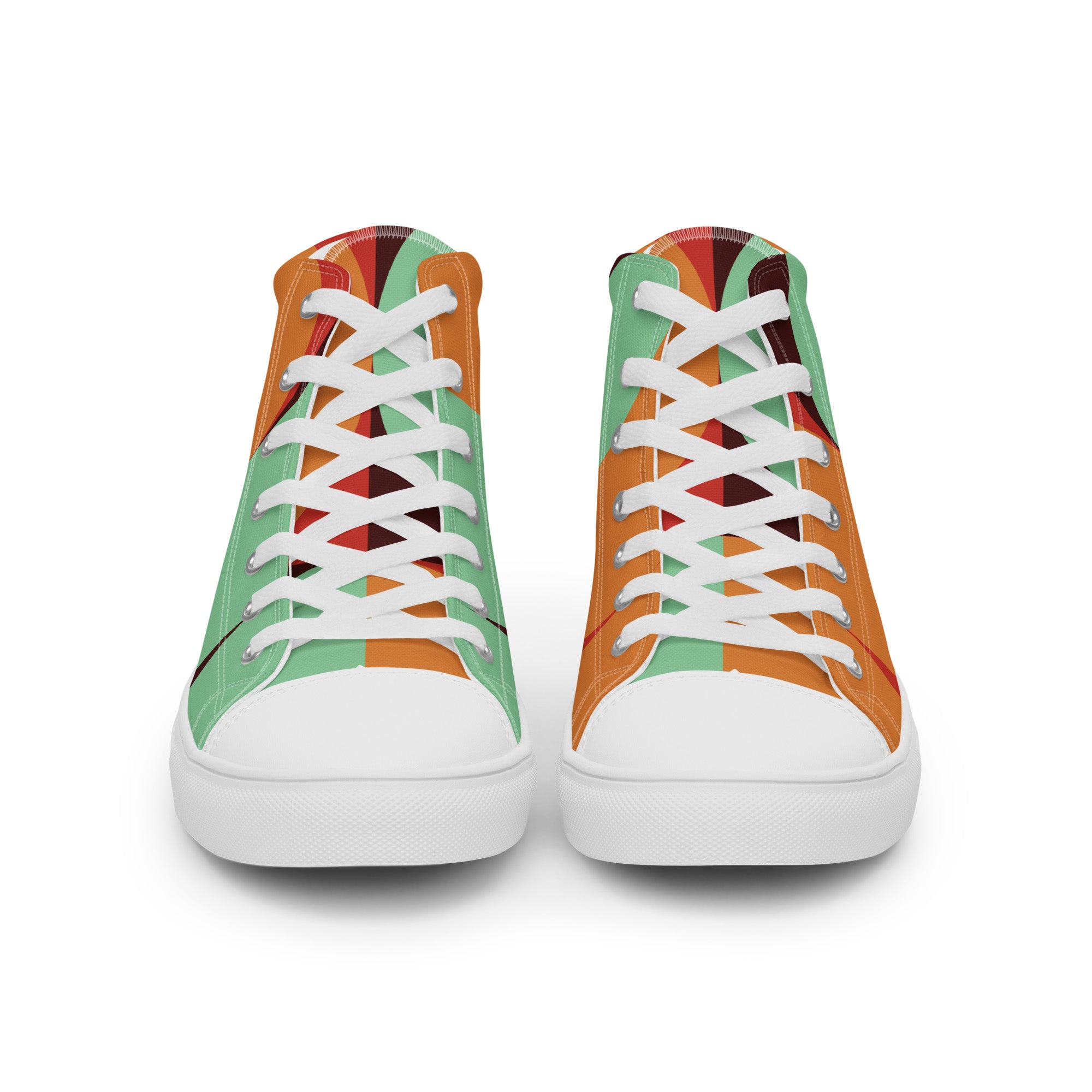 Colorful high-top sneakers with white laces on a white background
