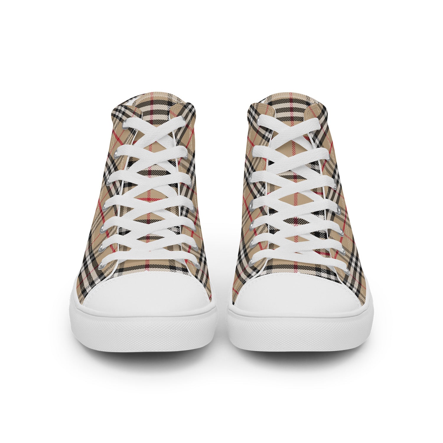 Plaid patterned high-top sneakers with white laces on a white background