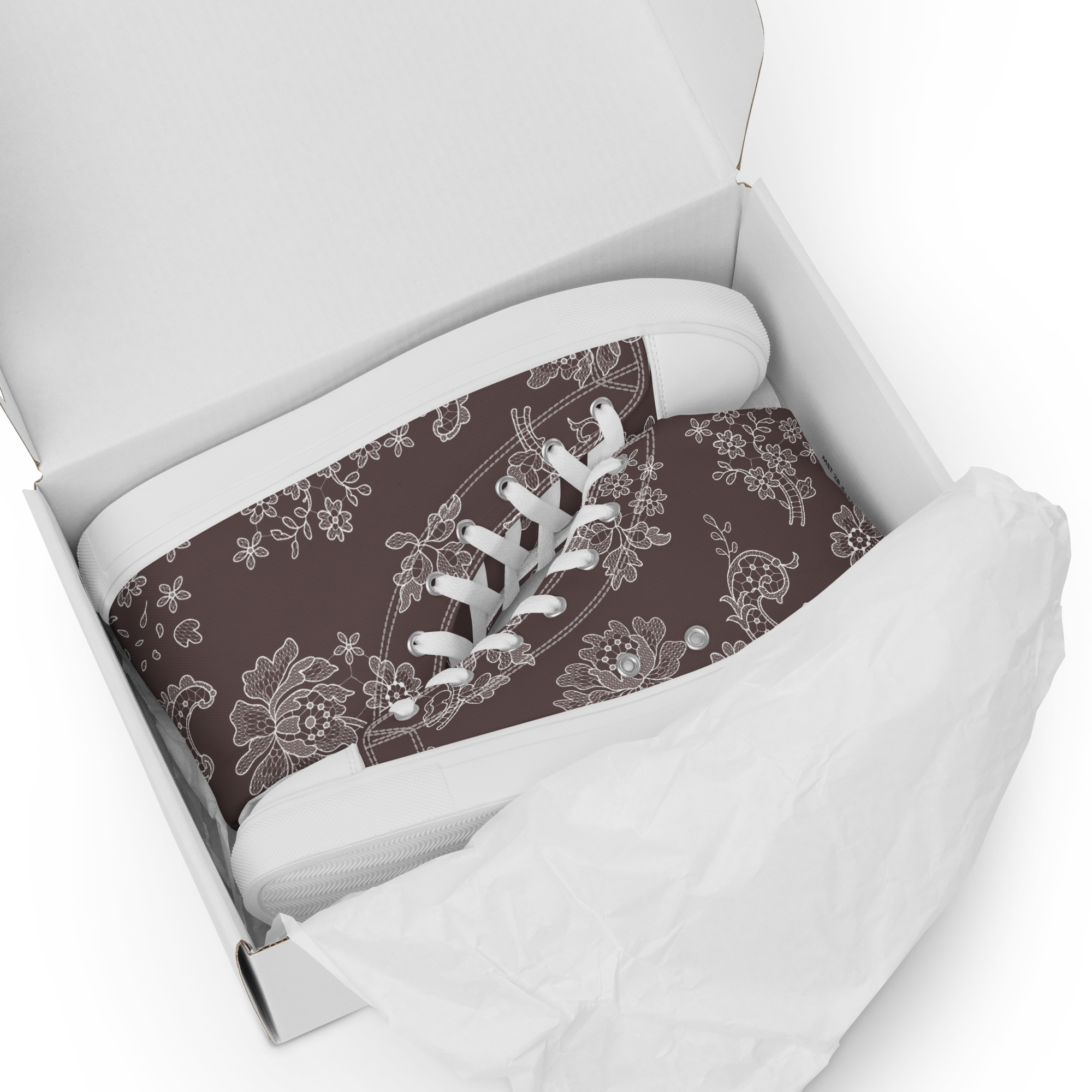 Floral and bird patterned product in a white box on a white background
