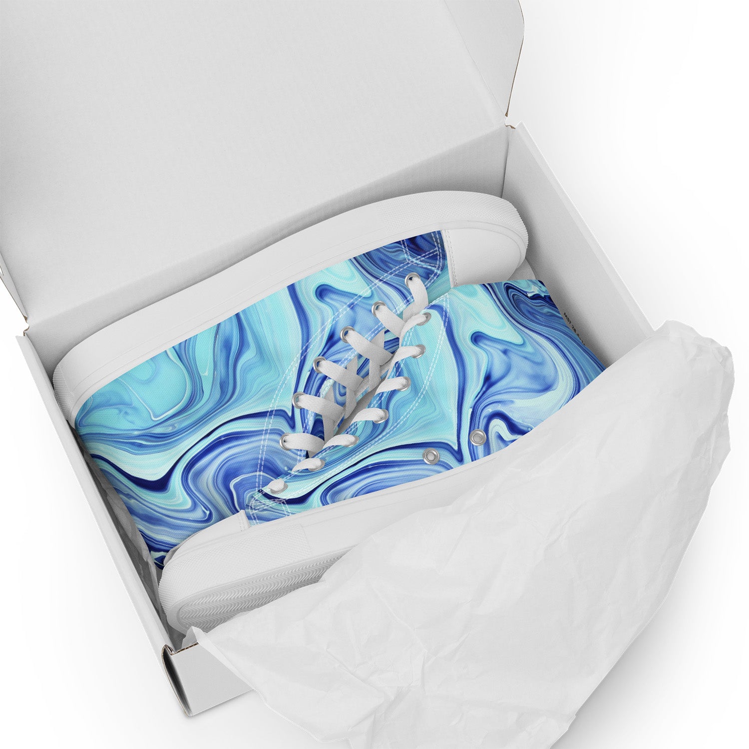 Marbled blue and white sneaker in a box