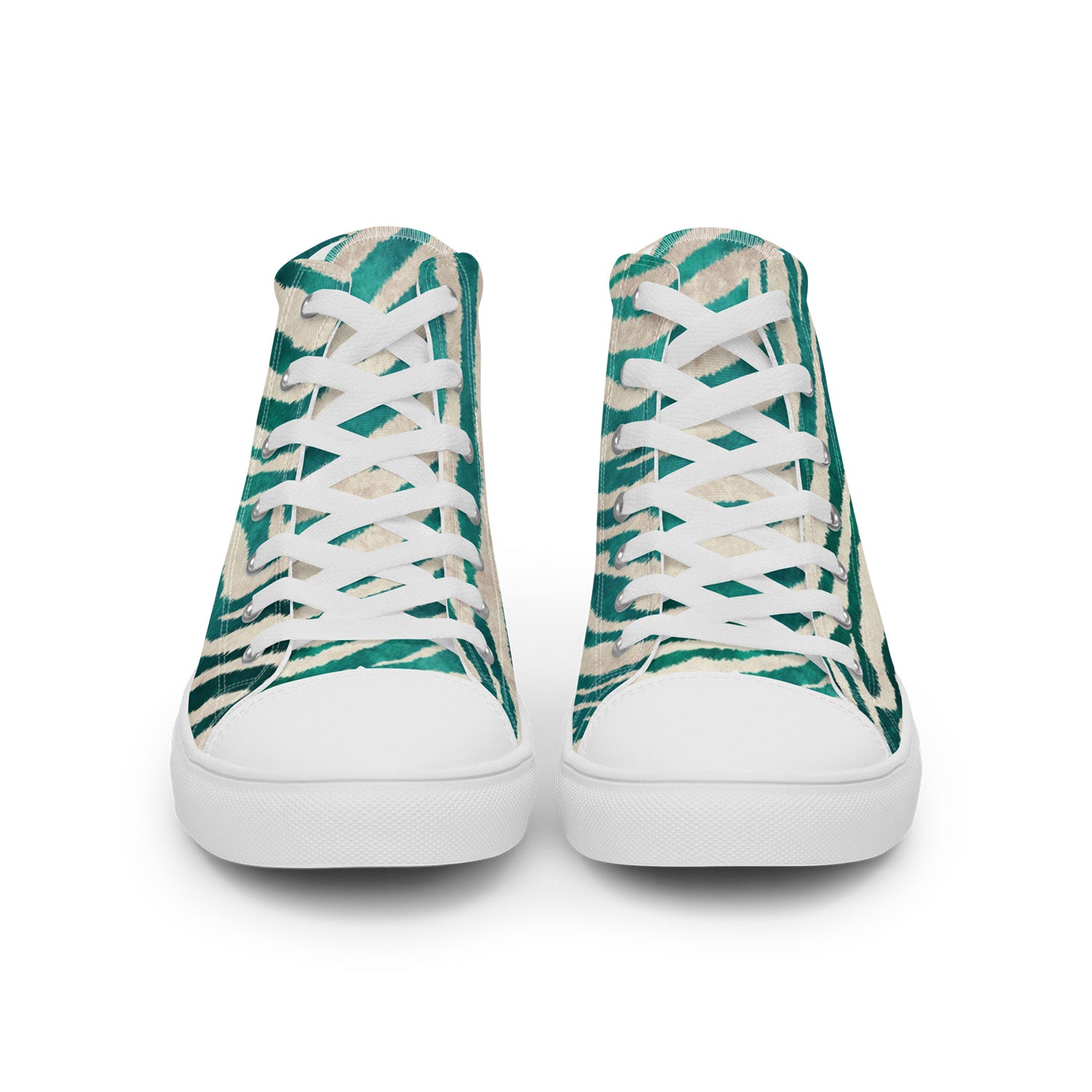 Pair of high-top sneakers with a green and beige pattern on a white background