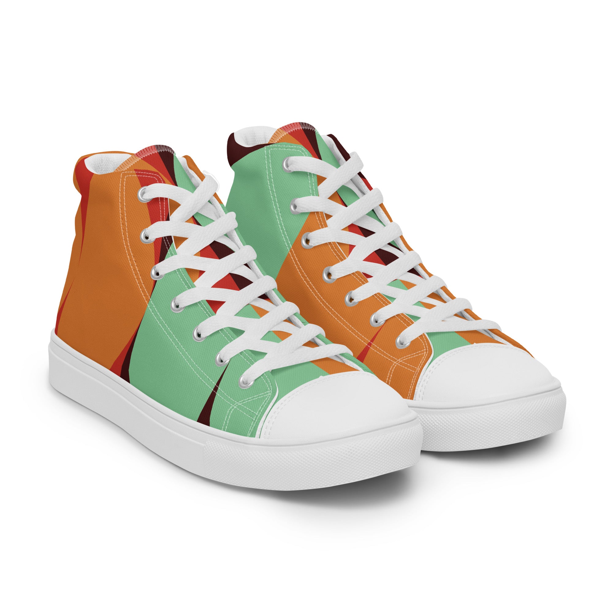 Colorful high-top sneakers with white laces on a white background