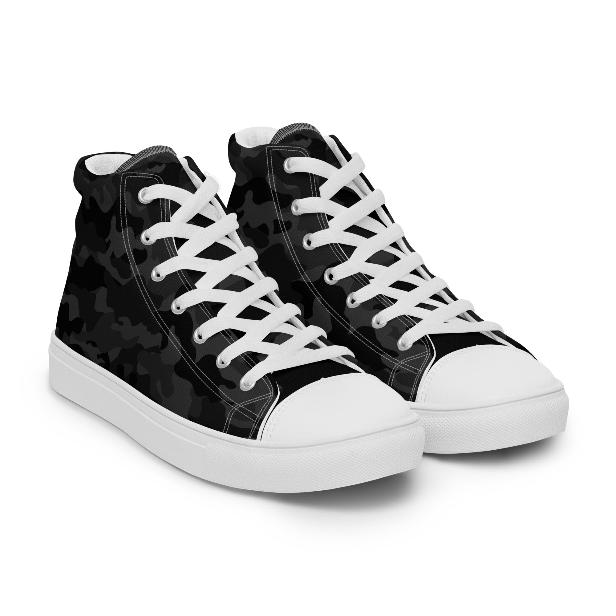 Black high-top sneakers with white laces on a white background