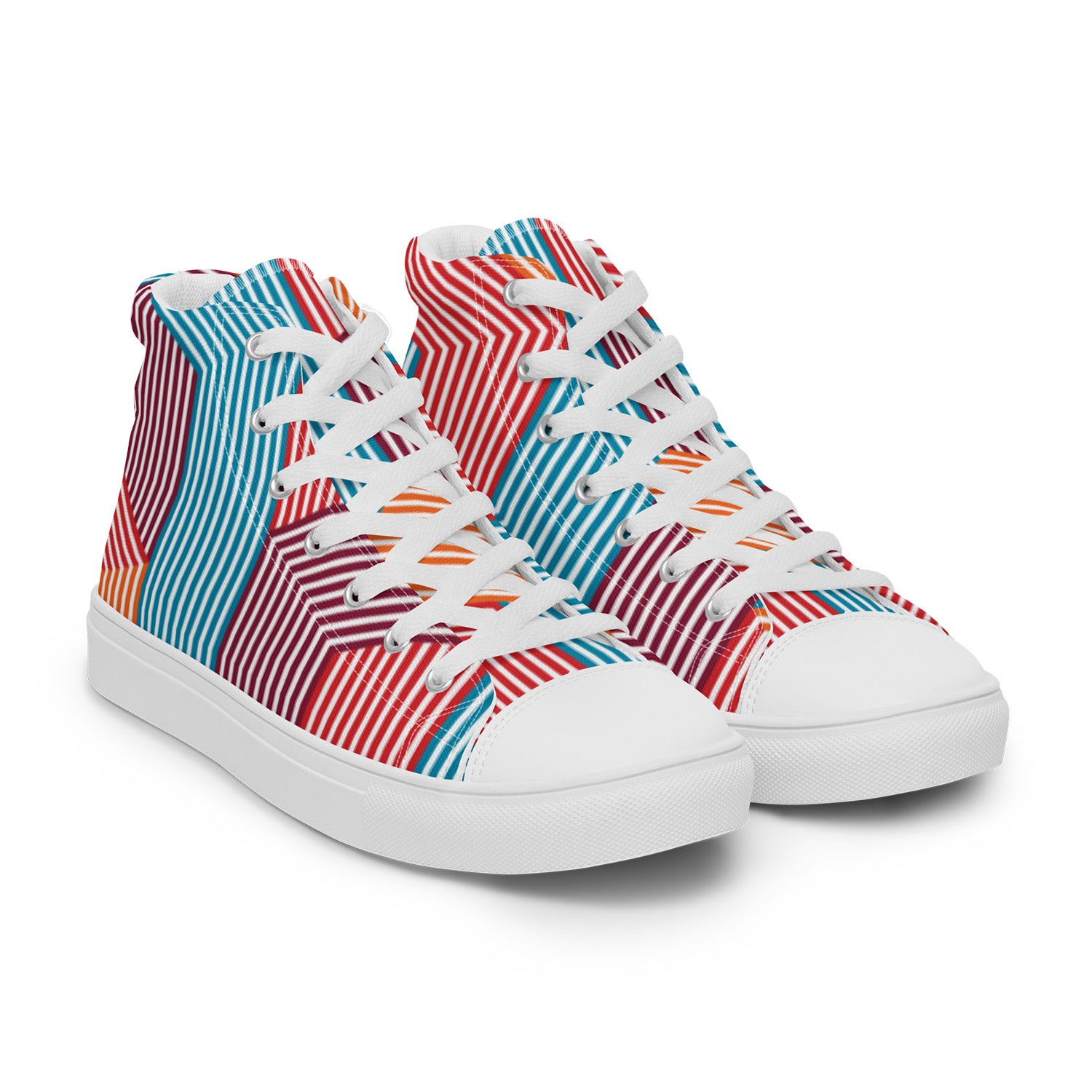 Colorful striped high-top sneakers on a white background
