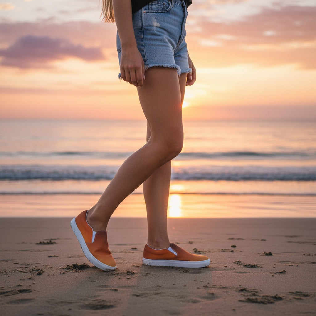 Person wearing orange shoes on a beach at sunset
