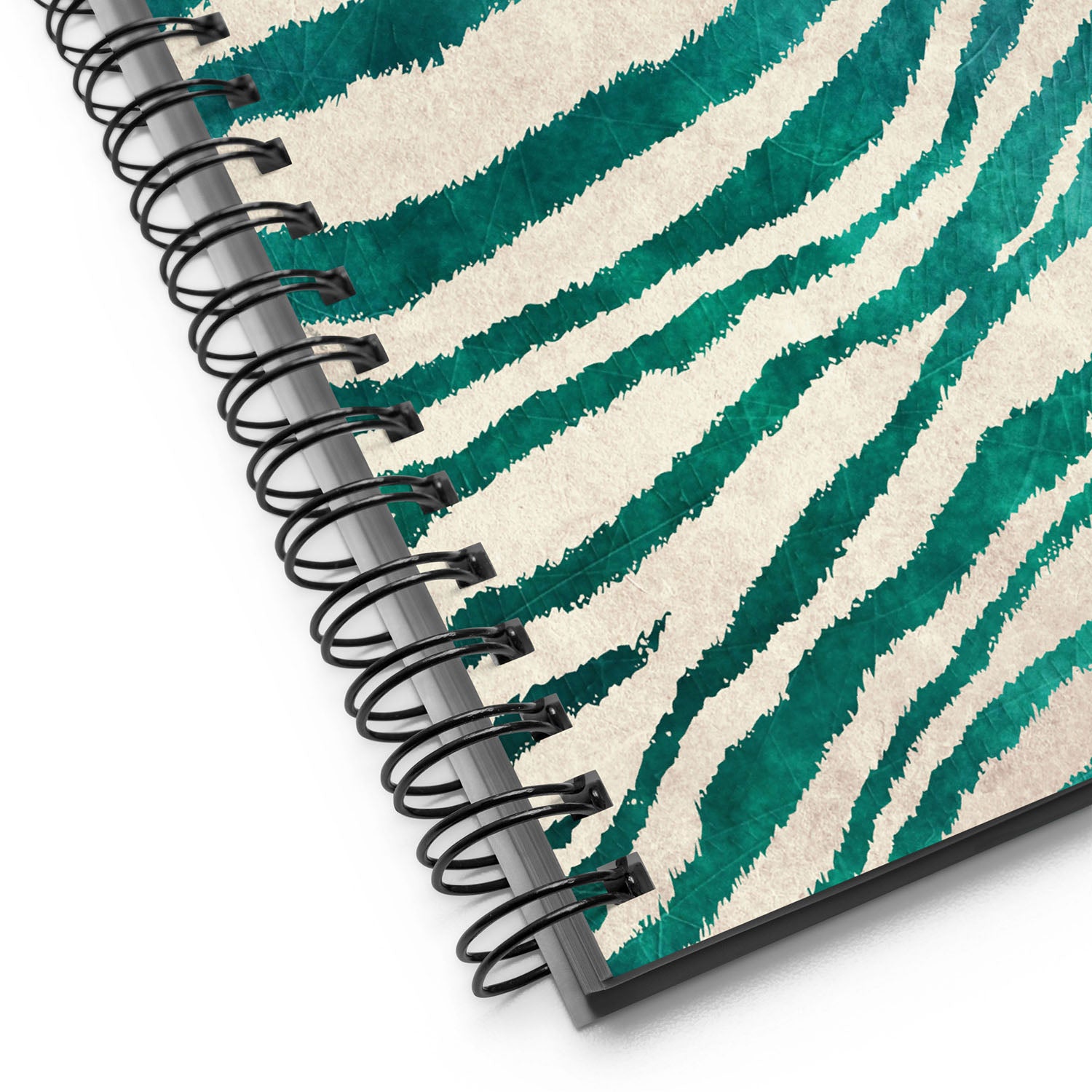 Spiral-bound notebook with teal and beige zebra pattern